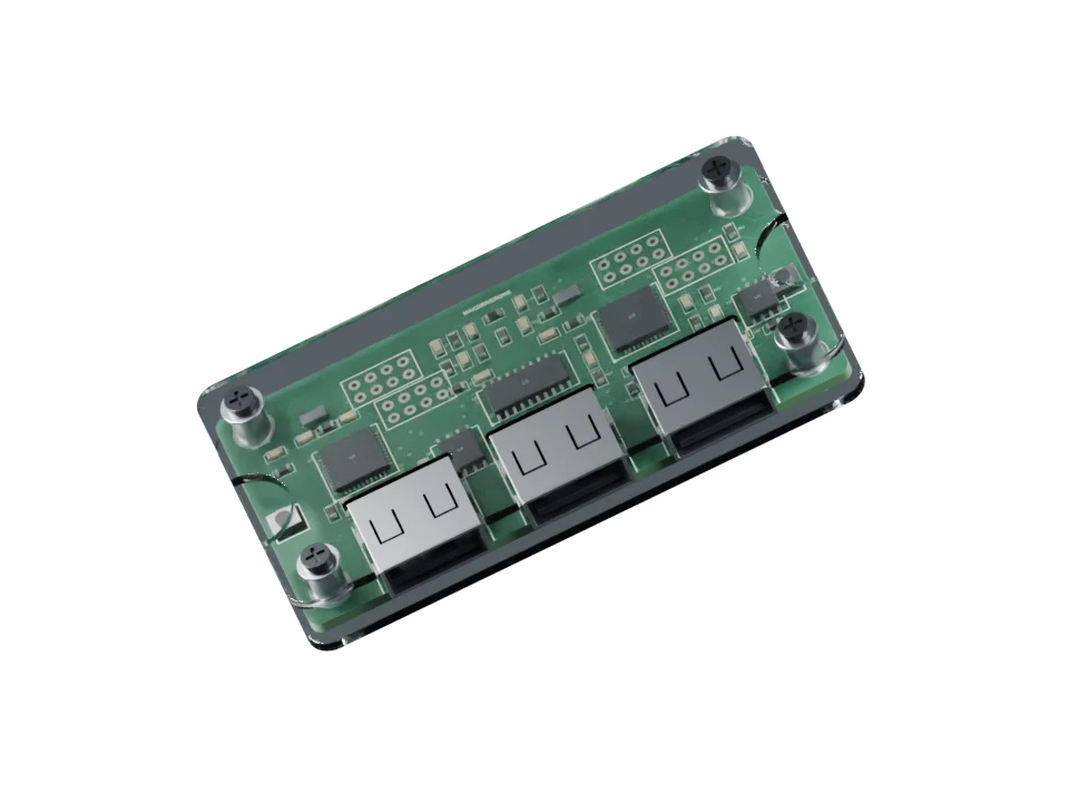 MAKCU circuit board with three USB ports and a clear acrylic enclosure